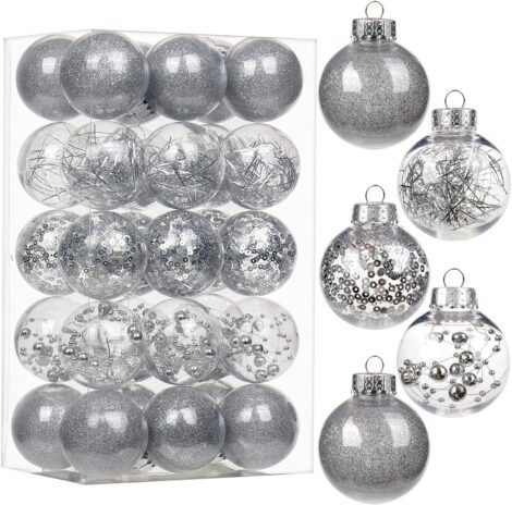 30 Clear Plastic Christmas Baubles with Delicate Ornaments, Silver Xmas Balls Set – DIY Decor
