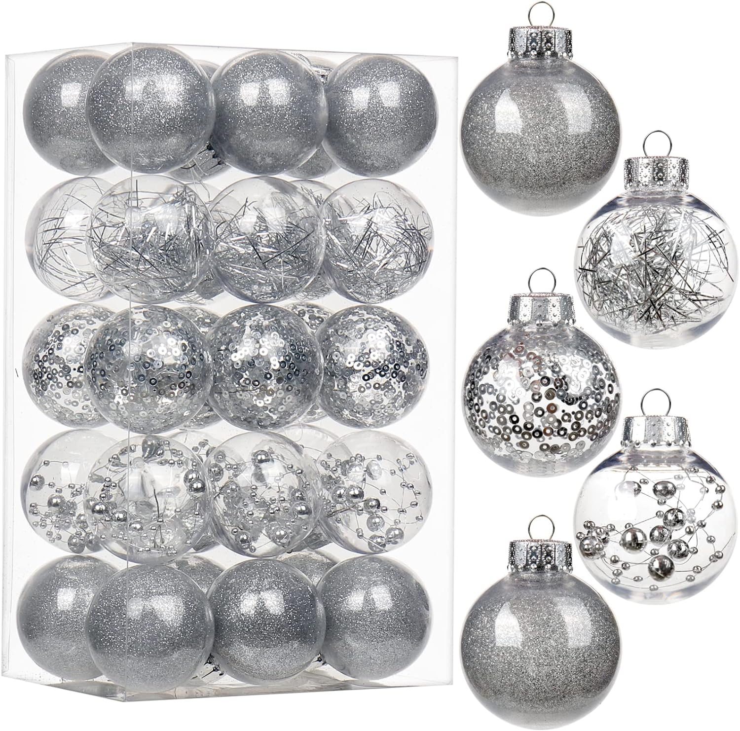 30pcs Christmas Baubles 50mm/2" Shatterproof Clear Plastic Ball with Delicate Ornaments Silver Xmas Balls Set Christmas Tree Hanging Decorations for DIY Halloween Party Wedding Decor