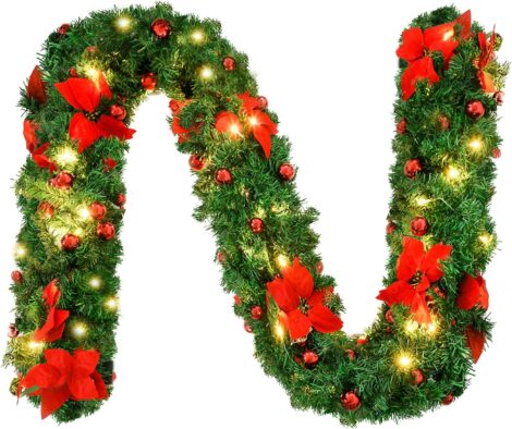 9FT Christmas Garland Decorations with Lights, Red Flower and Ball; Perfect for Holidays, Weddings, and Parties