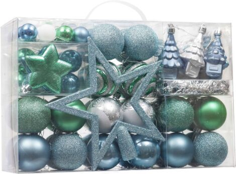 Valery Madelyn 100 Shatterproof Christmas Baubles, Silver and Blue Ornaments for Tree Decoration, Winter Wishes.