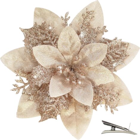 20 Christmas Tree Flowers with Clip, Glittery Poinsettia Artificial Flowers, Ideal for Garland and Wreath Décor.