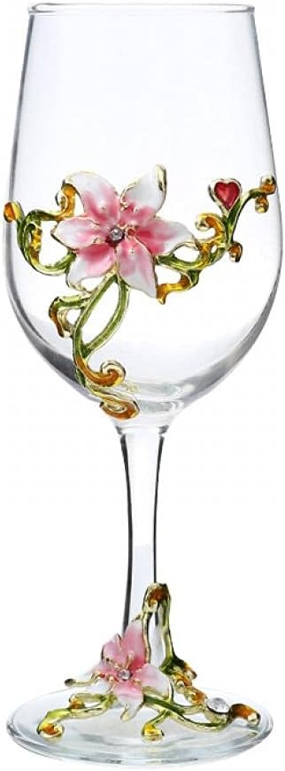 Lead-Free Pink Lily Gin Balloon Glass: Handcrafted Enamel Wine Glass, Ideal Birthday Gift for Women.