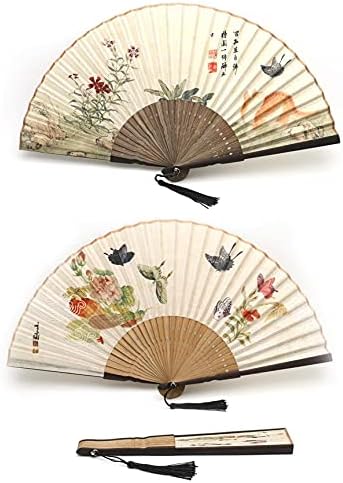 1SourceTek 2pcs Silk Hand Held Folding Fans 8.27 inches (21cm) Women Hand Held Folding Fans With a Fabric Sleeve Protection for Gifts - Chinese Retro Style (Colorfu Butterfly + Cat)