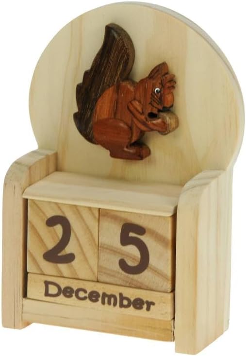 Namesakes Squirrel Perpetual Calendar : Wooden gift ideas for men or women : Desk calendar with date month blocks : Unusual Christmas stocking filler animal advent : Size 14.4 x 10 x 4.6cm