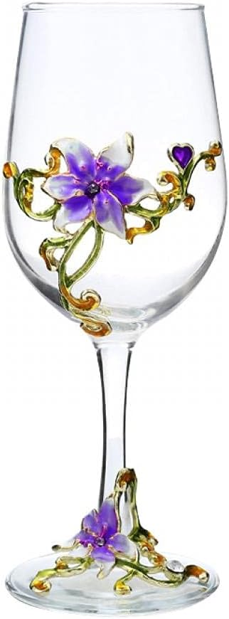 Purple Lily Hand-Painted Enamel Flower Gin Balloon Glass: Handmade Gift for Women, Mum, Friends. Lead-Free.