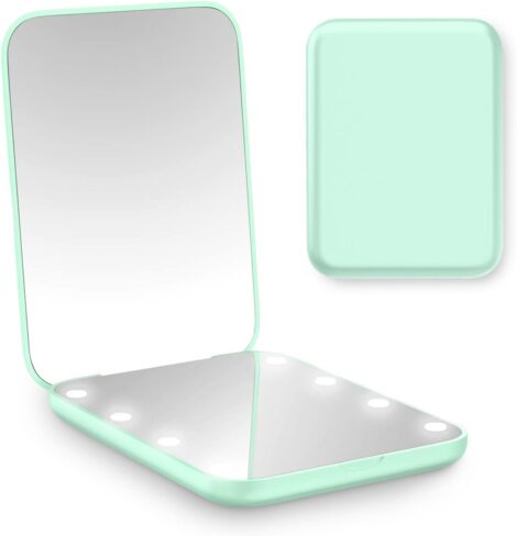 Rantizon Compact Mirror: Portable Makeup Mirror for Travel, 8 LEDs, Green – Teenage Girl’s Must-Have.