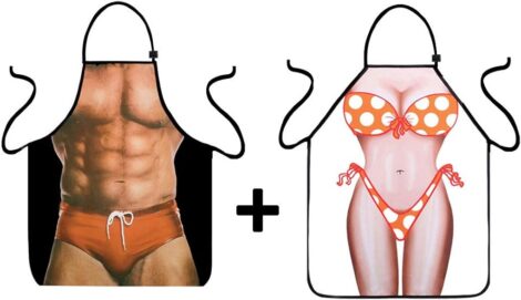 VIPbuy’s 3D Muscle Man & Bikini Woman Apron Set: Waterproof, Adjustable, Funny Kitchen Aprons for Couples.