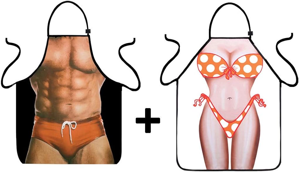 VIPbuy Set of 2 Pcs Novelty Aprons with 3D Muscle Man & Bikini Woman Funny Kitchen Aprons Waterproof Sexy Pinny Apron Adjustable Cooking Aprons for Couples BBQ Gifts