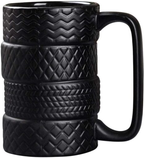 Funny Gift Black Tire Mug for Coffee Tea Drinks, Ceramic Car Wheel Cup – 13.5oz