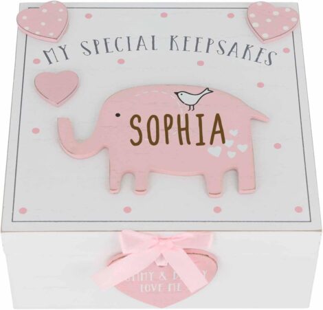 Engraved Wooden Elephant: Personalized Special Gift for Baby Girl, Pink Keepsake Memory Box.