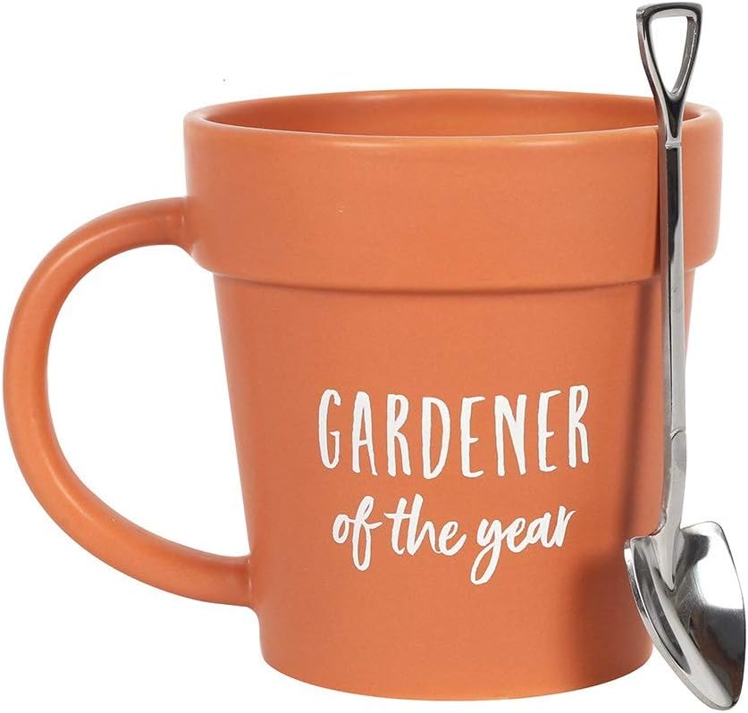 RAJX Gardener Mug, Novelty Ceramic Tea and Coffee Cup with Shovel Spoon, Birthday Gifts for Gardeners, Coffee Cups Gift for Him or Her, Plant Pot Cup Nature Lovers on Birthdays