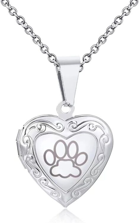 KunBead Jewelry – Paw Print Love Heart Locket Necklace: Stainless Steel for Women & Girls.