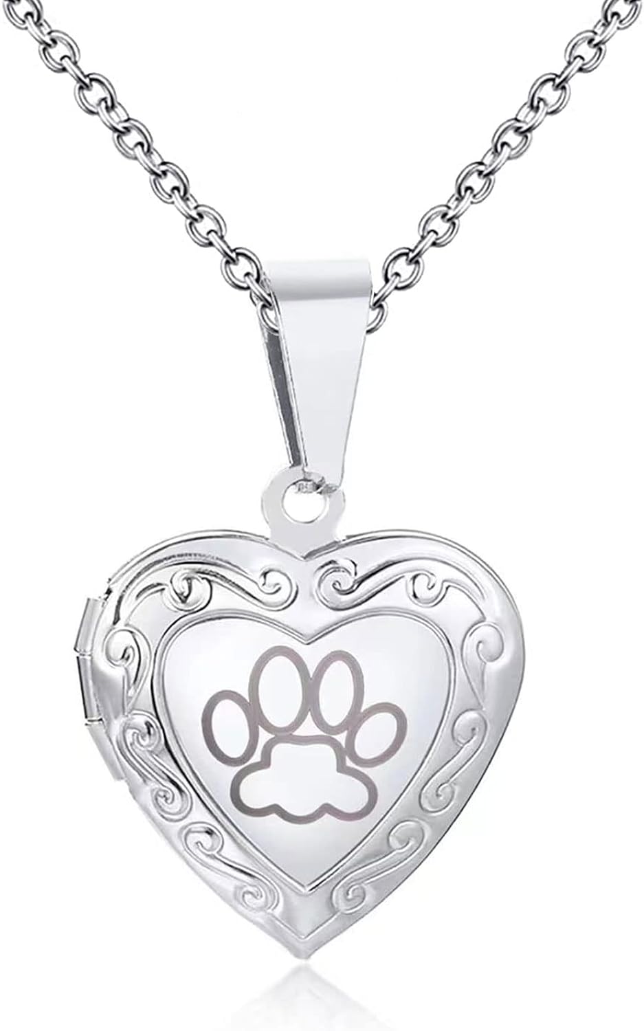 KunBead Jewelry 20 inch Paw Print Love Open Heart Photo Locket Necklace with Picture inside-Stainless Steel for Women Girls