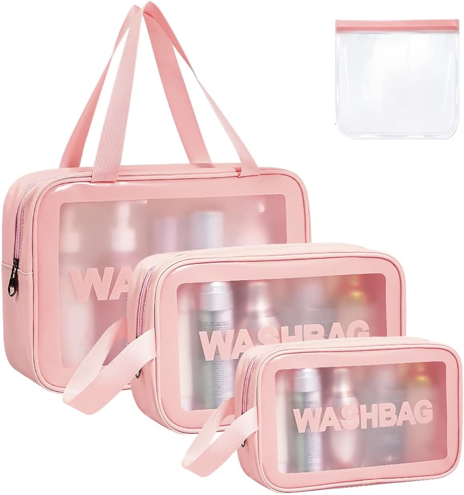 Aucuu 4PCS Clear Toiletry Bag, Wash Bag, Clear PU Makeup Bag, Waterproof Toiletry Travel Bag with Zipper Handle, Portable Airport Cosmetic Bag for Travel Bathroom Men Women (Pink), 30x10x21cm