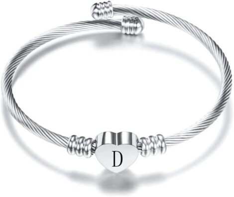 Expandable silver cuff bracelet with an initial letter and heart charm, perfect for gifting occasions.