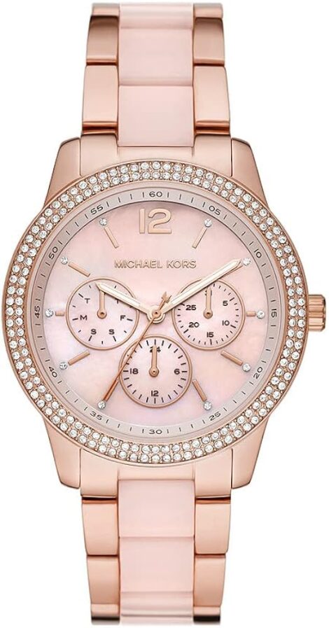 Women’s Michael Kors Tibby Watch: Rose Gold Stainless Steel, Multifunction, 40mm Case, Mixed Strap (MK6928).