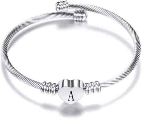 FGT Silver Initial Letter Cuff Bracelet with Expandable Heart – Perfect Gift for Women and Girls