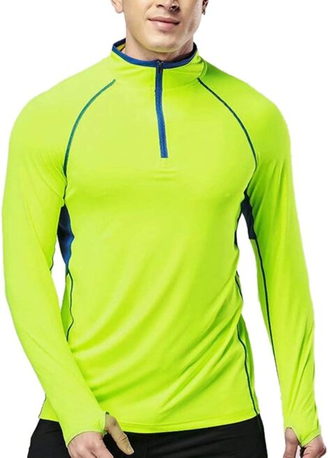 Muscle Alive Men’s Quarter Zip Active T Shirts – Workout Long Sleeve with Thumb Holes.