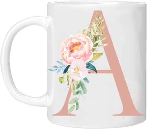 Personalized 11oz Ceramic Floral Mug with Alphabet letter A, Printed Glitter (Rose – A)