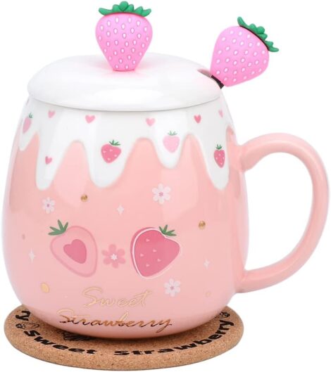 Small Strawberry Ceramic Mug- Cute, Kawaii Cup with Cover and Spoon for Tea and Coffee