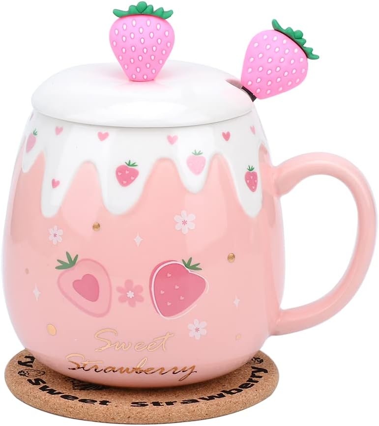 Pink Mug,Cute Strawberry Cup with Cover Spoon,Ceramic Coffee Mug, Kawaii Cup for Tea Milk,Women Girls Student Korean Style 450ML Christmas Birthday Gift (Small Strawberry)