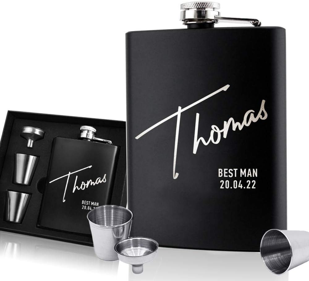 EDSG Personalised Hip Flask | Engraved Stainless Steel Whisky Flask 6oz Pocket Flask | Custom Gift for Best Man Groomsman Father Wedding Birthday Christmas | Hand Finished in UK (Name)