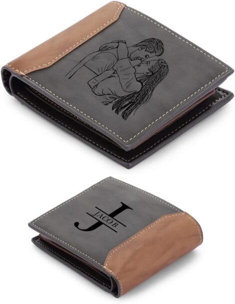 Custom engraved grey leather wallet with name, photo, and capital letters for personalized gifting.