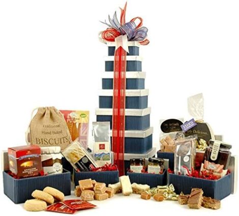 British Gift Tower – Gourmet Food Hamper with Award Winning Goodies – 7 Blue & Silver Boxes with Ribbon