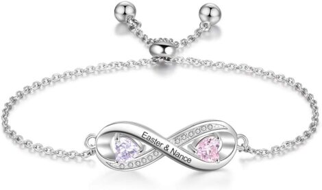 Engraved Name Bracelet with Birthstone and Infinity Charm for Personalized Gift.