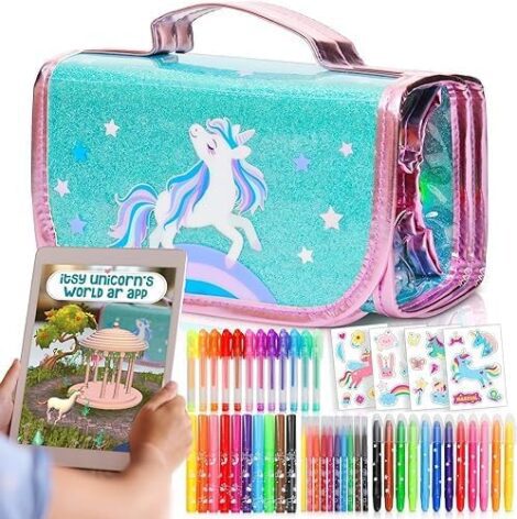 Amitié Lane Unicorn Marker Set with Unicorn Pencil Case – Girls 6-8, Art, Craft, and AR App.