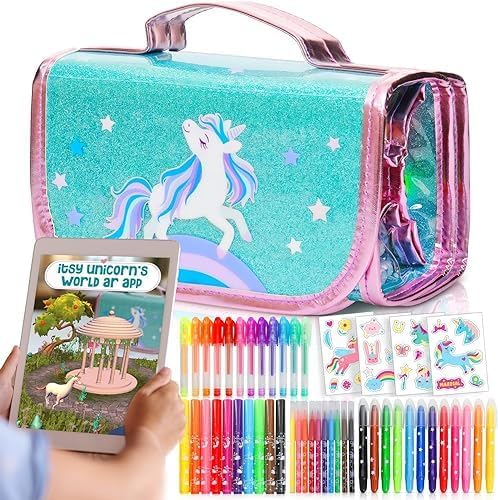 Amitié Lane Unicorn Toys for Girls Scented Markers Set - Unicorn Pencil Case - Unicorn Gifts For Girls 6-8, For Art and Craft Coloring - Incl Augmented Reality App