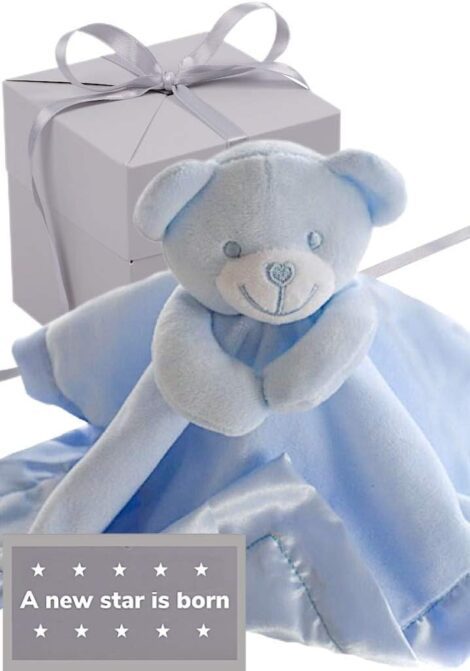 Baby Star Gift Set – Blue Comfort Blanket in Box, perfect for boys and moms, includes plush teddy and soft toy.