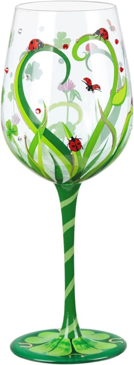 15oz Personalised Hand Painted Wine Glass with Grassland Theme (NymphFable Clover Ladybug Wine Glass for Women)