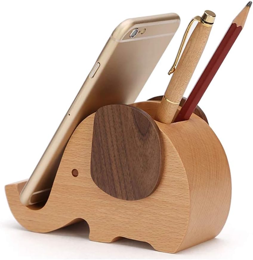 Yoillione Wooden Pen Phone Stand Elephant Phone Holder Animal Phone Stand, Desk Decoration Wood Elephant Pen Holder, Xmas Gifts Ideas for Women and Men, Best Friend Sister Friendship Gifts