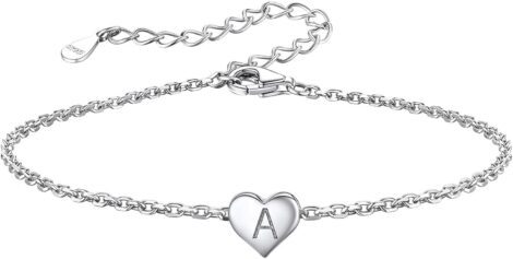 Adjustable Heart Bracelet for Women, 925 Sterling Silver, 16cm + 5cm Chain, Letter Charm