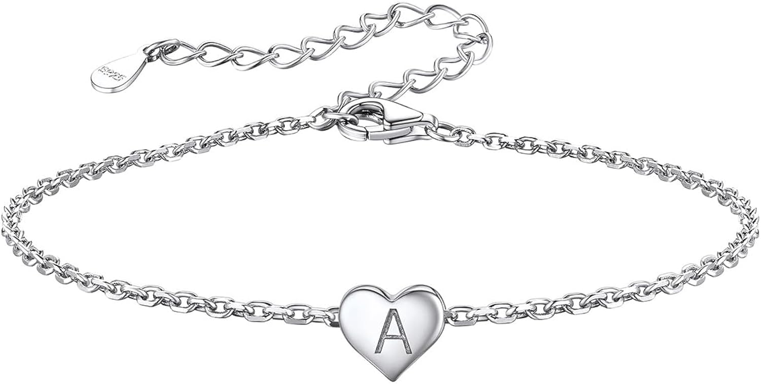 925 Sterling Silver Love Heart Bracelet for Women,16cm Plus 5cm Extension Chain, Adjustable Letter Bracelet