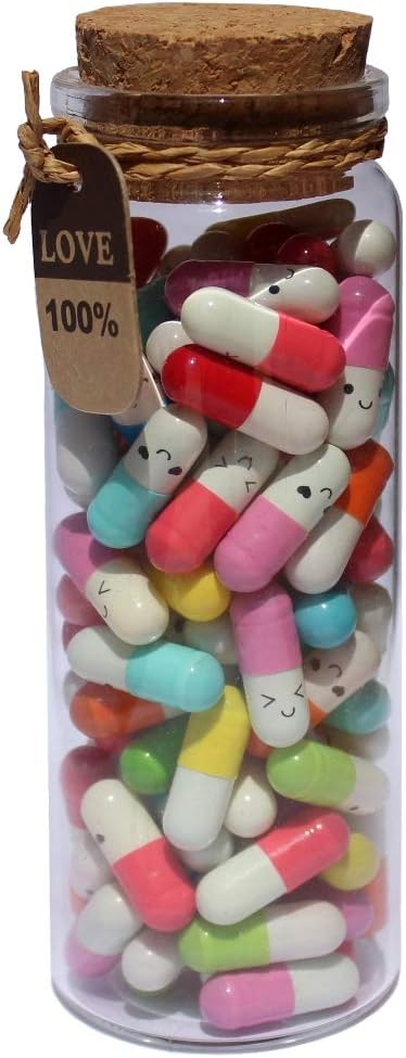 90 Mixed Color Cute Capsule Pill Notes in Glass Bottle: Perfect Valentines Day or Anniversary Gift.