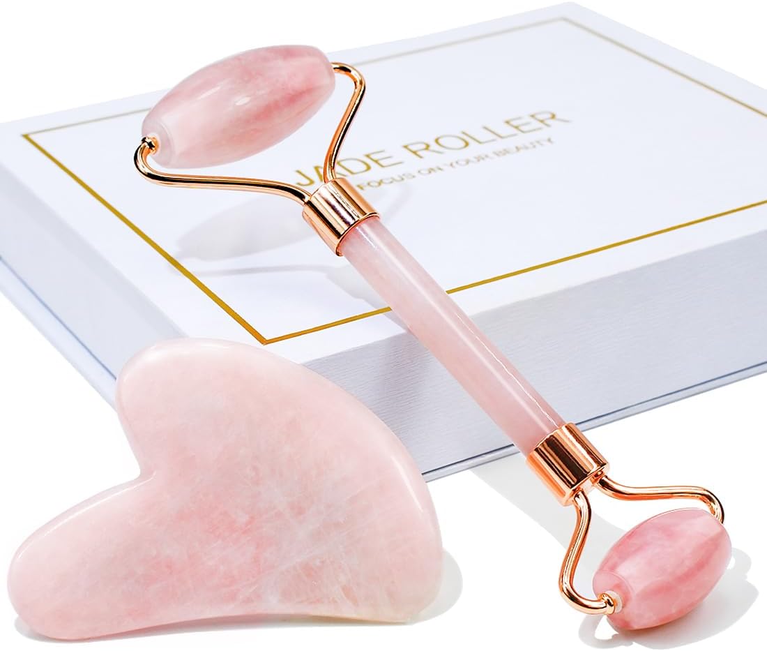 BAIMEI Jade Roller & Gua Sha, Face Roller, Facial Beauty Roller Skin Care Tools, Self Care Gift for Men Women, Massager for Face, Eyes, Neck, Relieve Fine Lines and Wrinkles - Rose Quartz