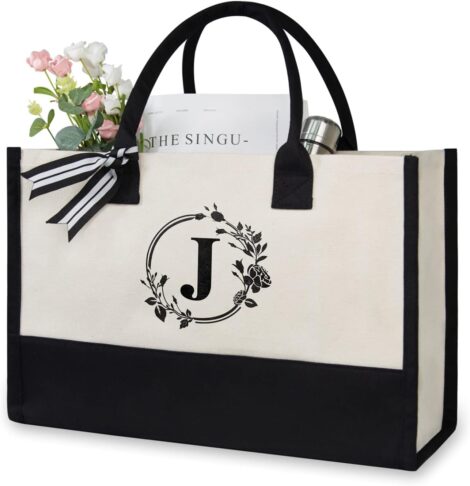 TOPDesign Custom Canvas Tote Bag (Letter J) – Ideal for Gifting on Special Occasions.