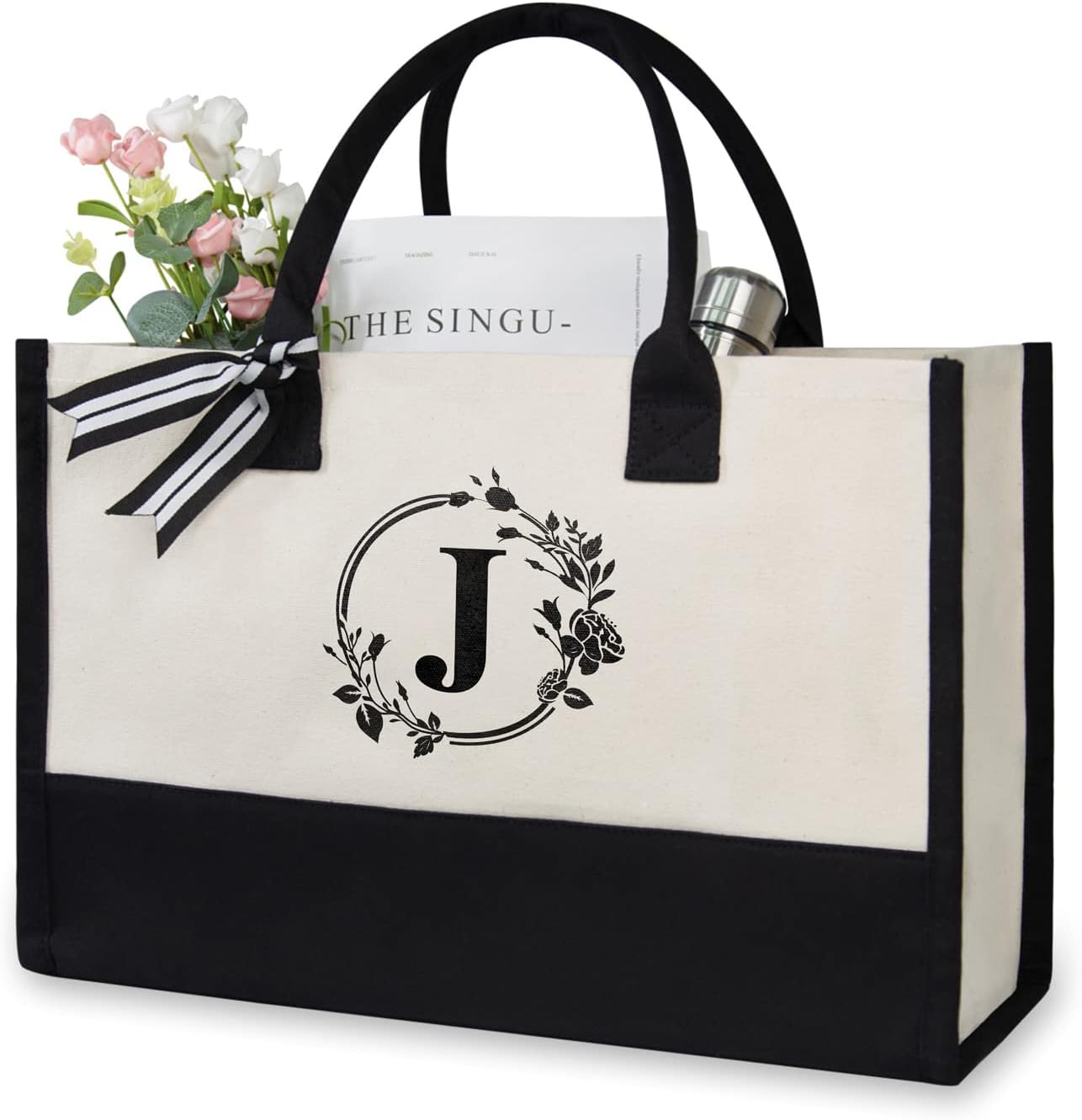 TOPDesign Initial Canvas Tote Bag, Personalized Present Bag, Suitable for Wedding, Birthday, Beach, Holiday, is a Great Gift for Women, Mom, Teachers, Friends, Bridesmaids (Letter J)