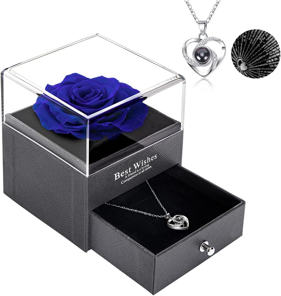 POYET Preserved Rose with I Love You Necklace Gifts for Her Eternal Real Rose Gifts Box for Girlfriend Wife Mom Grandma on Mothers Day Valentines Anniversary Christmas Birthday Gifts (Blue)