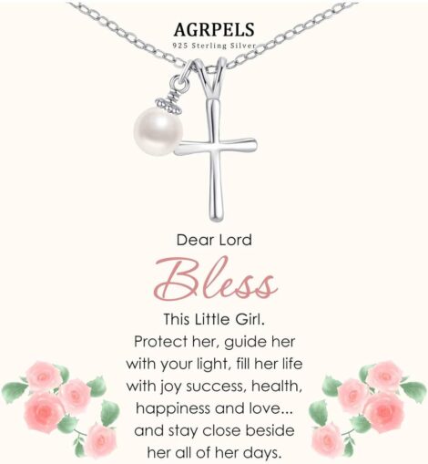 Silver Cross Necklace for Girls – Communion, Baptism, Confirmation, Easter Gifts with Pearl for Godchild (Teenage/Little Girl Jewellery)