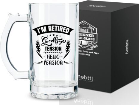 Retirement Beer Mug: Unique Gift for Men, Goodbye Tension Hello Pension, 500ml Glass, Dad, Grandpa, Police
