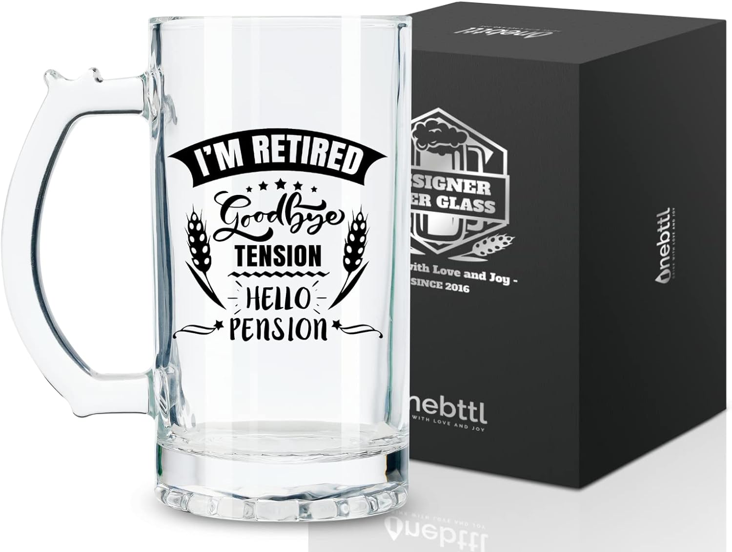 Onebttl Best Unique Retirement Gifts for Men, Retirement Beer Mug Gifts, Goodbye Tension Hello Pension Beer Glass 500ml(17oz), for Dad, Grandpa, Police, Teacher, Boss, Brother, Gifts for Retired Men