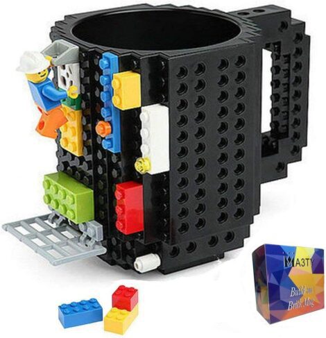 Black DIY Build-On Brick Coffee Mug – Novelty Christmas Santa Birthday Gift for Kids & Adults.