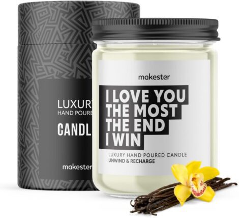 Makester’s Funny Boyfriend Candle – 220g Soy Wax infused with Madagascan Vanilla, Jasmine & Sugared Almond, perfect for gifting.