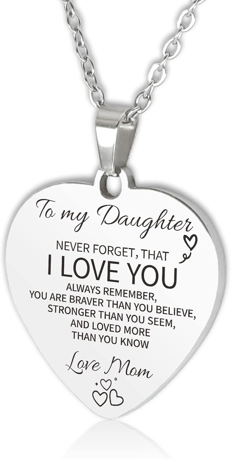 HAYOUWAY Daughter Necklace Gifts with Message from Mum Dad, Silver Love Heart Necklace Inspirational Mother Daughter Necklace Gifts for Women Girls Granddaughter Birthday Anniversary Christmas Gift