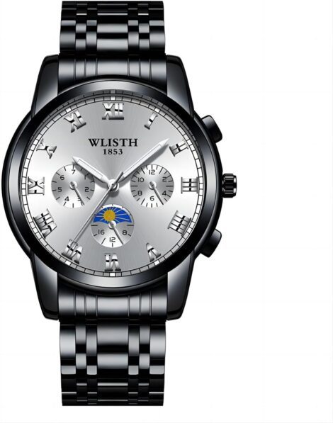 Men’s stainless steel waterproof wristwatch; luxury multi-function watch for casual and business wear.