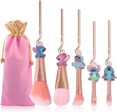 5 Piece Stitch Makeup Brush Set, Lilo and Stitch Gifts, Portable Kawaii Cosmetic Brushes for Makeup.