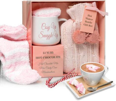 Hot Chocolate Mug Gift Set with Water Bottle, Marshmallows, and Candy Cane – Cozy Gift for Women (Pink)